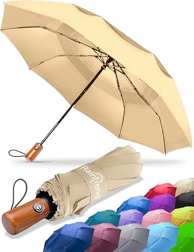 PREMIUM UMBRELLAS for Rain Windproof Travel Camel Beige Umbrella - Large Double Canopy but Compact Folding Portable - Automatic Strong Wind Resistant Construction - Womens Mens Umbrella for Backpack