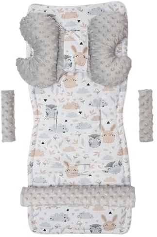 Medi Partners Riduttore Passeggino Universale Materassino Copri Neonato Cuscino - 5 elementi 78x35cm Copripasseggino Estivo per Neonati Cotone Minky (Radura con grigio Minky)