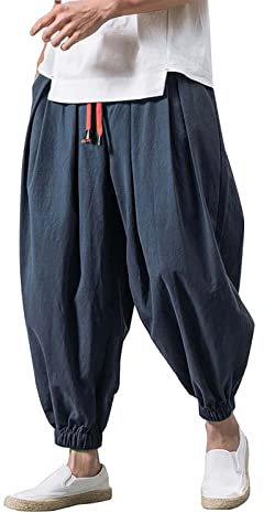 Baggy Haremshose Herren - Japanisch Einfarbige Freizeithose aus Baumwolle und Leinen Loose Casual Latzhose Heimhose Lang Atmungsaktiv Pluderhose Große Größe Yoga Elastische Taillen Hose