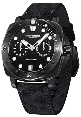 Pagani Design 1767 Quadratische Automatikuhr, Herren, selbstaufziehendes Nylonband, 200 m wasserdicht, Sport-Militäruhr mit Gangreserve-Zifferblatt, Schwarz, Modern