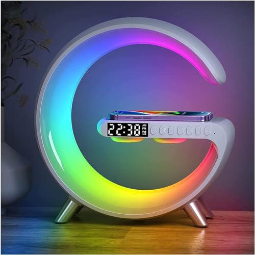 Neue Intelligente LED Tischlampe, 4 in 1 Wireless Charger Nachtlicht Lampe, App Steuerung Bluetooth Lautsprecher Wecker, Home Office Studie Nachttischlampe (Weiß)