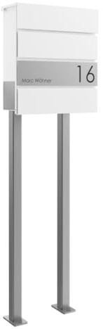 Briefkasten Manufaktur Design Standbriefkasten Kant Edition mit Zeitungsfach - Elegance 1 individuell mit Ihrem Namen & Hausnummer - 120cm Edelstahl-Ständer (RAL 9016 verkehrsweiß)
