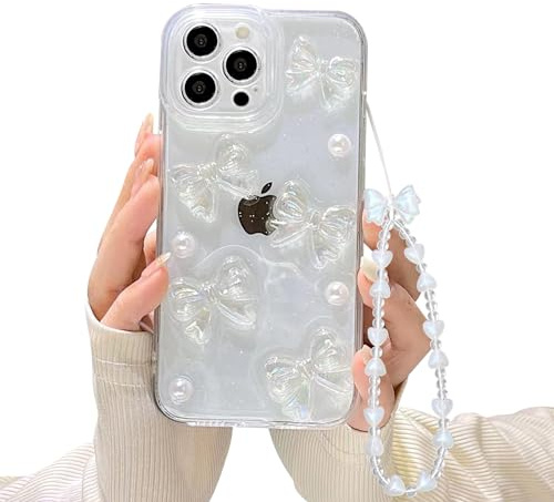 Ownest Compatible with iPhone 15 Pro Max Case with Clear Cute Bling 3D Bowknots Pearl Aesthetic Patterns for Women Teen Girls, Glitter Sparkle Back and Lens Protective Phone Case Cover + Chain