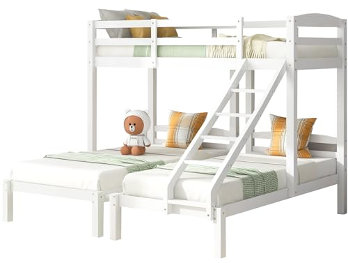 kubeier Kinderbett Etagenbett 90x200 cm Dreifachbett Hochbett Etagenbett Stockbett für 3 Kinder mit Rausfallschutz und Lattenrost, Funktionsbett Hochbett Stockbett Jugendhochbett, Weiß
