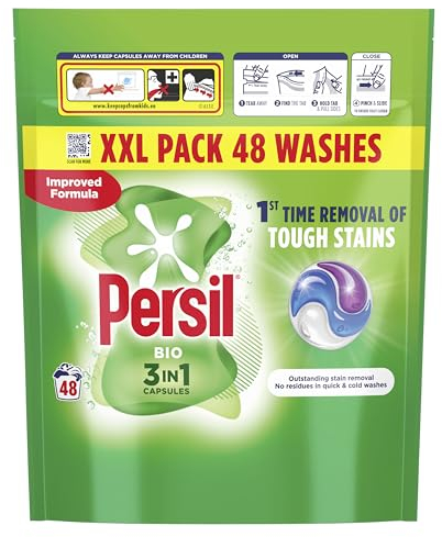 Persil Bio 3 in 1 Washing Capsules 1st time removal of tough stains outstanding stain removal in quick & cold washes 48 washes