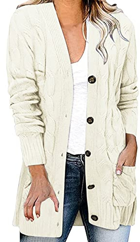 IQYU Giacca In Maglia Per Donne Lunga Con Bottoni, Cappotto In Maglia Grossa, Maglione Con Tasche, Giacca In Maglia Con Motivo Intrecciato, Giacca In Maglia Grossa, Giacca In Maglia In Cotone, Bolero