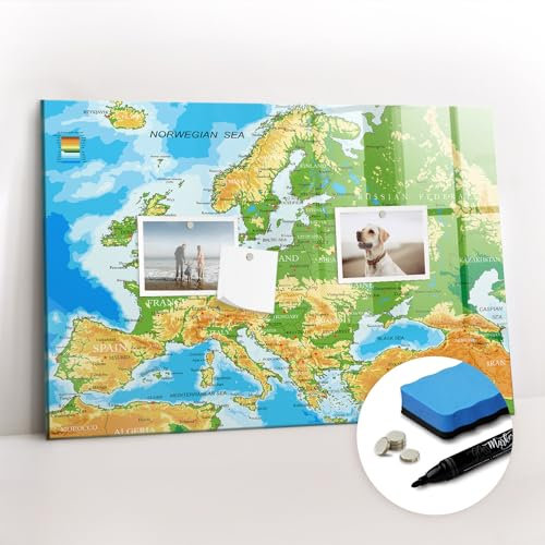 Whiteboard Glas Premium mit Neodym-Magneten & Marker-Set | Kratzfest, pflegeleicht & modern | Für kreative Planung & Teamarbeit- 60x40 - Geographie Weltkarte