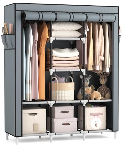 Vicye Armadio Guardaroba in Tessuto con 2 Barra Appendiabiti, 8 Ripiani e 4 Tasche Laterali, Armadio Portatile per Soggiorno, Camera da Letto, 124 x 42 x 162 cm, Grigio