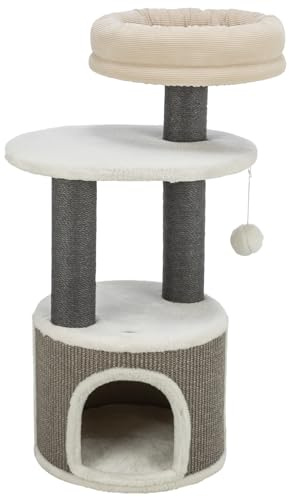 TRIXIE Katzen-Kratzbaum Marco, mehrstöckig – 85 cm, weiß/beige/grau | Robuste Sisal-Kratzflächen und weiche Polster – bietet Kratzspaß, Spiel und entspannten Rückzug für Katzen