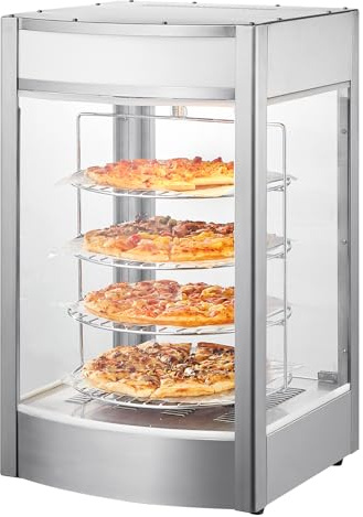 VEVOR Vitrine Chauffante Commerciale pour Pizza 14 po, Présentoir à Chaud 4 Niveaux, Chauffage à Vapeur Rotatif, Contrôle de la Température 30-85 ℃, Lampe de Four 25 W + LED Supérieure pour Pizzeria