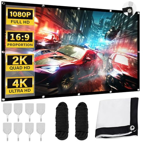 WIYETY 100 Pollici Tela Proiettore 16:9 HD Schermo Proiezione Schermo per Proiettore con Corde e Ganci Schermo Film Portatile per Casa Ufficio, Scuola e Campeggio All'aperto