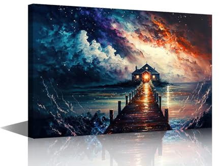 1 Panel Canvas Print Art Beautiful Seascape and Galaxy Sky with Pavilion on the End Wooden way Path to the Horizon for Bedroom Living Room Wall Decorative, Gallery-Wrapped, 24Wx16H