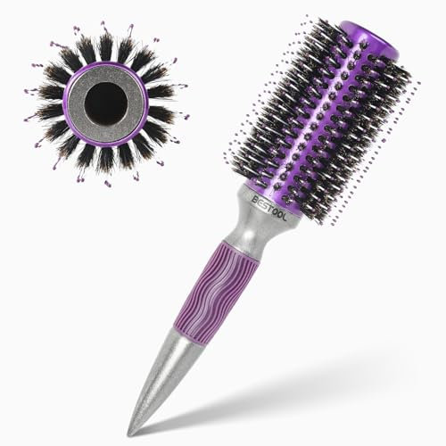 BESTOOL Round Hair Brush for Blow-Drying, Boar Bristle Round Brush with Wooden Barrel, Large Aluminum Styling Brush for Women and Men Straightening, Curling, Adding Hair Volume and Shine, 36mm