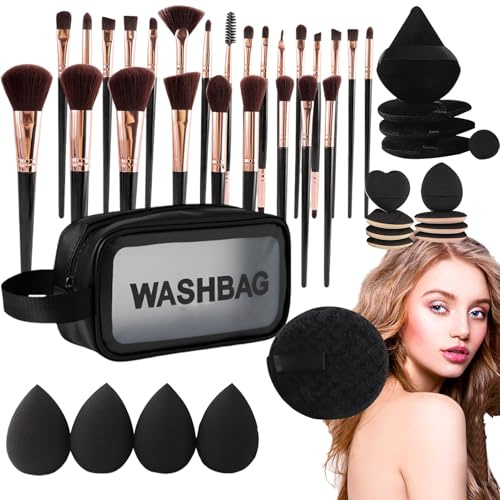 Makeupborstset med fodral, 47 x resesminkborstar – ögonsminksvampar, foundation och concealer-applikator, pulverpuff för kvinnor flickor