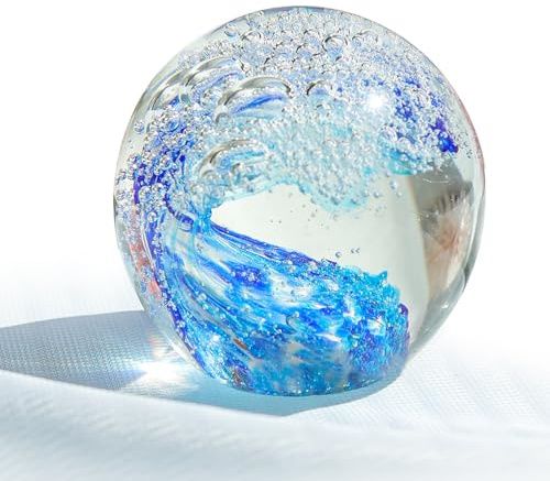 CRUMANCY Ocean Orb Crystal, Hand Blown Glass Figurines Ball Ocean Waves, Paperweight Glass Ball, Home Aquarium Office Décor, for Art Ocean Lovers