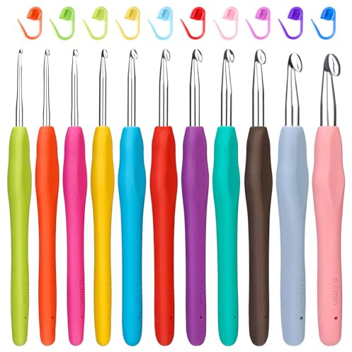 Crochet Hooks Set, 11 Pcs Aluminum Crochet Needles Soft Grip Handle, Crochet Hook with 10 Stitch Markers Suitable for Beginners Adults (2.0mm-8.0mm)
