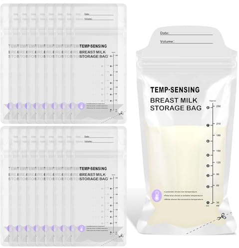90 sacchetti per latte materno da 250 ml, con rilevamento della temperatura, senza BPA, a doppia tenuta, con beccuccio per versare, senza perdite, per refrigerazione e congelamento