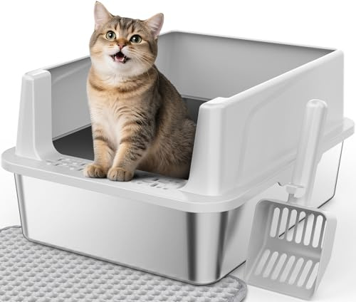FURTIME Stainless Steel Cat Litter Box, Small Cats Metal Litter Box | High-Sided Open-Top Easy-Clean Litter Pan, Non-Stick, Anti-Leakage, Odor-Free, Comes with Scoop & Mat, 17×13×8.4