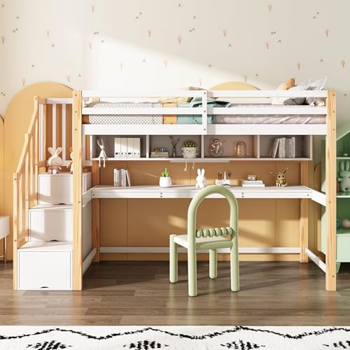 Merax Kinderbett Hochbett 90x200cm,mit Treppe Staufach Stauraum,Schreibtisch und Bücherregal,Platzsparendes Kinder Etagenbett mit Lattenrost und Rausfallschutz,Ohne Matratze,Weiß+Wood/252×95×165cm