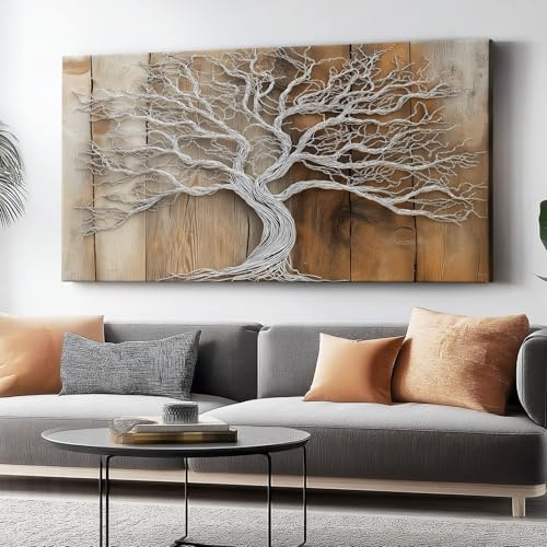 Generico Quadro su Tela 100 x 70 cm, Moderno Albero Della Vita Rami Stampe su Tela Decorazioni Da Parete, per Soggiorno Moderno Camera da Letto Cucina Salotto (Senza cornice) Bianco Marrone Chiaro