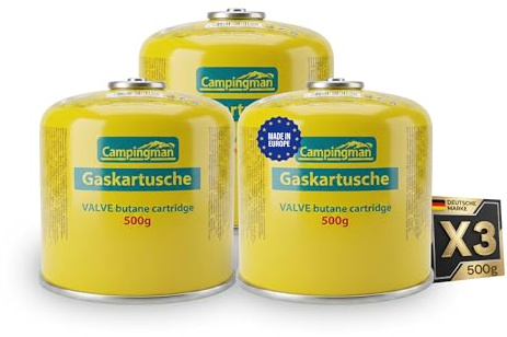 Campingman Gaskartusche 500g mit Schraubventil EN 417 – Butangas für Campingkocher, Weber Grill & Camping – Universal Schraubkartusche (3 x 500g)