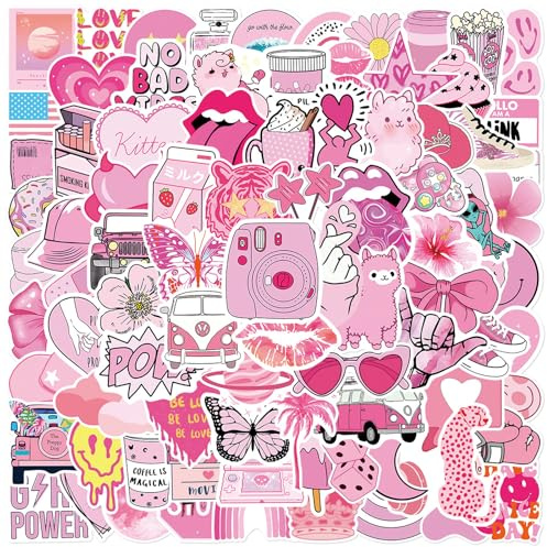 100PCS Pink Coquette Stickers, Cute Waterproof Vinyl Aesthetic Stickers, Pink Preppy Aesthetic Vinyl Sticker for Girls, Laptop, Water Bottle, Phone, Guitar Decoration (Style 2)