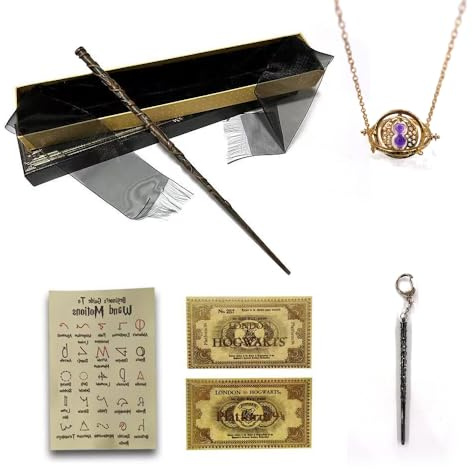 ZYMR Baguette magique Hermione, baguette de sureau Harry P Wizarding World avec chaîne inversée du temps, porte-clés baguette magique Hermione, arc de sorts, carte de retour et retour 1