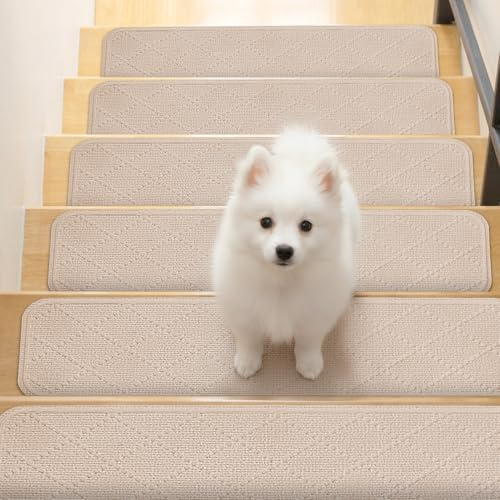Homwiz Tapis d'Escalier Antidérapant 76x20 cm, Lot de 15 Marchettes d'Escalier Autocollantes Intérieur, Moquette Escalier Réutilisable Découper pour Protéger Animaux, Seniors, Enfants (Beige)