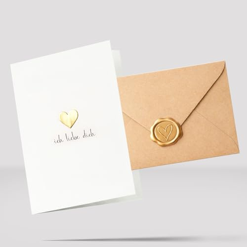 Ich liebe Dich Karte Gold Herz veredelt Klappkarte Liebeskarte mit Umschlag | Valentinstag Hochzeitstag Antrag Liebesbrief und Siegel-Aufkleber