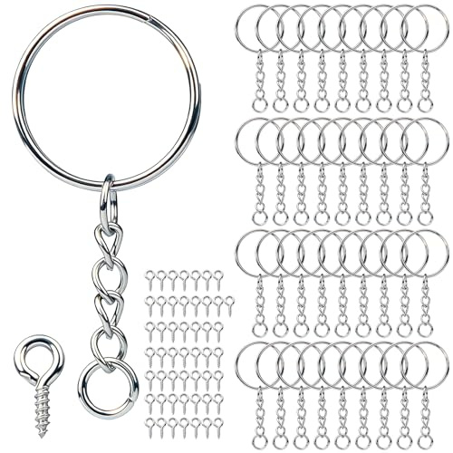 qjuwhua Schlüsselringe mit Kette 50 Set 25mm Schlüsselanhänger Rohlinge Selber Machen Basteln Schlüsselanhänger Ringe Kleine Keychain Metall für Schlüssel DIY Anhänger Schmuckherstellung Silber