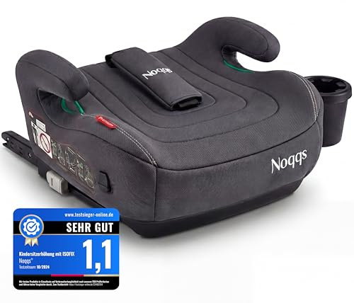 Noqqs® Premium Kindersitzerhöhung Auto mit ISOFIX – ausgezeichnet mit SEHR GUT (1,1) – ECE R129 i-Size 125–150 cm – extra breit & gepolstert – inkl. Gurtpolster & Getränkehalter – Grau