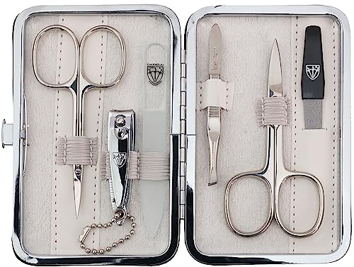 DREI SCHWERTER - Germany 6-tlg. Maniküreset 'Genova' | Nagelpflegeset in weissem Kunstlederetui | Inhalt: Nagelschere, Hautschere, Nagelknipser, Glasnagelfeile, Pinzette, Saphirnagelfeile