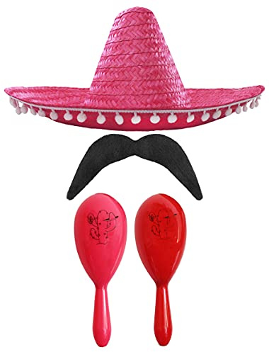 MEXIKANSK FANCY KLÄNNING TILLBEHÖRSET - MEXIKANSK SOMBRERO MED MARACAS OCH TASH ROSA POM POM SOMBRERO + ROSA OCH RÖDA MARACAS