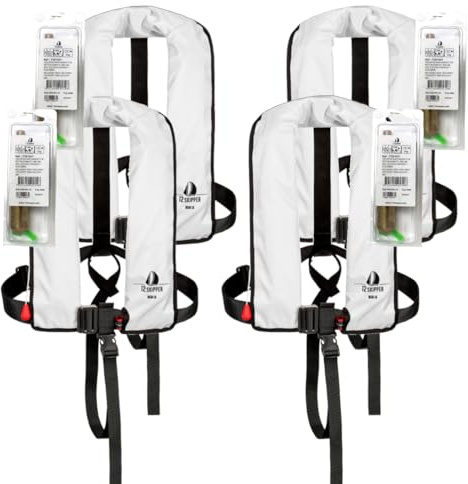 12skipper 4er-Set Automatik-Rettungswesten 165N ISO mit Harness + 4 Wartungskits, weiß