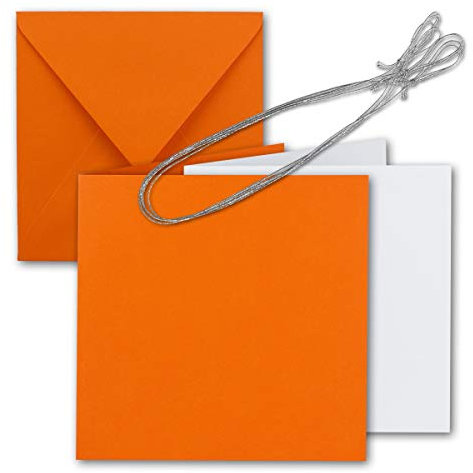 150x Quadratisches Faltkarten Set 15 x 15 cm - mit Briefumschlägen & Einlegeblätter & Schmuckband - Orange - für Einladungskarten, Hochzeit, Weihnachten - von GUSTAV NEUSER