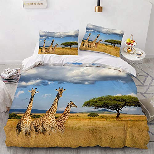 LIANHUAA 3D Tier Hirsch Giraffe Bettwäsche Trendy Bettbezug Bedding 135 X 200 Giraffen Bunt Safari Afrika Landschaft Wildtier Tiermotiv Kids Kinder Junge Mädchen (4,135X200cm)