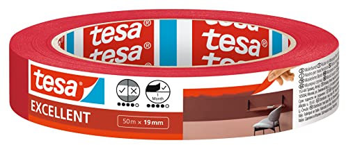 tesa Masking Tape Excellent - Painter's tape with thin paper backing for masking during painting work - for all paints, varnishes, and glazes - for indoor use - 50 m x 19 mm