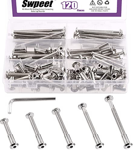 Swpeet 120Pcs M6x40mm/50mm/60mm/70mm/80mm Nickel Plated Sliver Hex Drive Socket Cap Bolts Barrel Nuts Kit with 1Pcs Hex Key, Screw Post Fit for Furniture Countsunk Belt Leather Binding Bolts