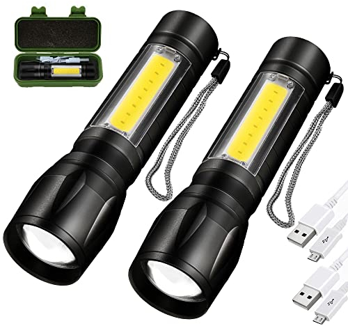 EvaStary Rechargeable Torch, 3 Lighting Modes Adjustable Focus LED Flashlight, Waterproof Lightweight Pocket Size Torch for Power Cuts, Emergency, Camping, Hiking, Outdoor, 2 Packs