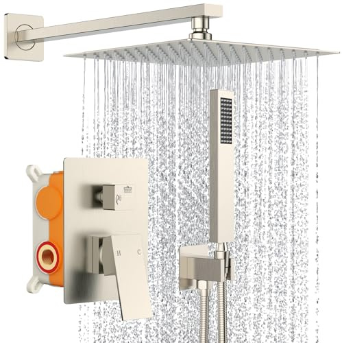 SunCleanse Shower System Rainfall Shower Faucets Set Brushed Nickel, 10 Inch Wall Mounted Rain Shower Head with Handheld Spray Shower Valve and Trim Included | 2-IN-1 Shower Faucet Set, Included Pressure-balanced Valve & Trim, Anti-clog Silicone Nozzles