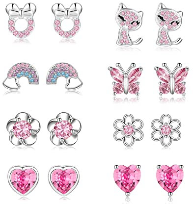 EXGOX 8Paare Hypoallergen Ohrstecker Silber925 Damen Tiny Ohrstecker Silber AAAAA Zirkonia SterlingSilber Ohrringe Set Schmetterling Silber Ohrringe