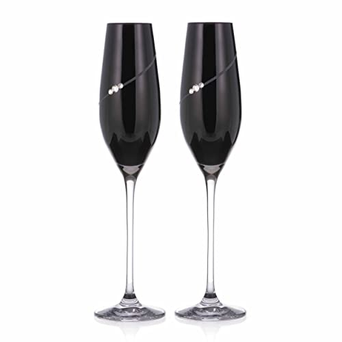 DIAMANTE Black Silhouette Champagne Flutes Embellished with Crystals Set of Two in Elixir Gift Box