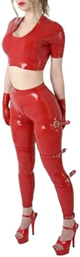 Women's Sets Including Red Short Sleeve Latex Shirts and Tight Leggings with Crotch Zip and Including Gloves No Belt, Custom Colour,Red,3XL
