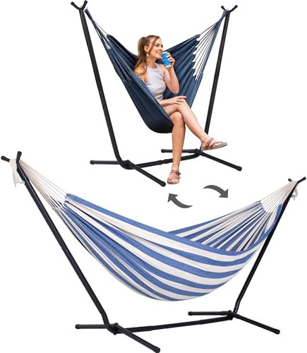 SUNCREAT 2-in-1 wandelbare freistehende Hängematte mit Ständer inklusive, Camping-Hinterhof-Hängematte mit Ständer, zum Patent angemeldet, blau-weiß gestreift