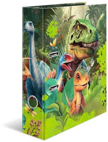 HERMA Ordner A4 Dinosaurier Set, 5 Stück, 7 cm breit, Kinder Ringordner mit Tier Motiv, bunter Aktenordner mit Innendruck für Jungen und Mädchen