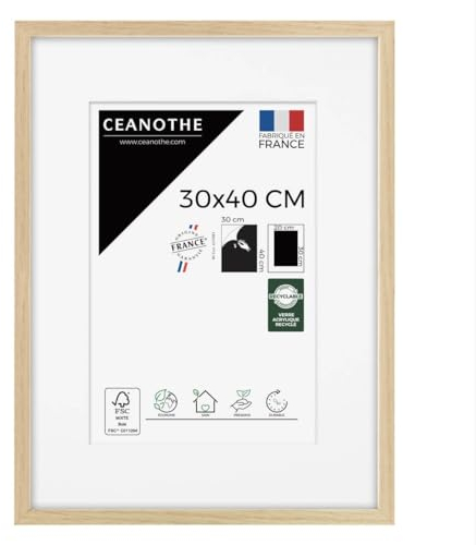 Ceanothe Cadre Photo Bois Chêne 30x40 cm avec Passe-Partout 20x30 cm - Bois Naturel FSC pour Affiche et A4 - Verre acrylique Incassable Collection ALBA - Fabriqué en France