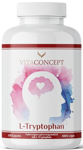 L-Tryptophan I hochdosiert mit 500mg je Kapsel I 240 vegane Kapseln I aus pflanzlicher Fermentation I in Deutschland produziert I ohne unerwünschte Zusätze I Vitaconcept