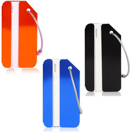 3 Pcs Luggage Tags for Suitcases,Shunshi Waterproof Suitcase Tags for Travel Luggage Bag, Aluminum Alloy Baggage Labels,Secure, Luggage Labels with Name ID Card for Family, Friends (Black/Blue/Orange)