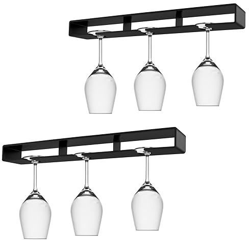 Jognee 2 Stück Weinglashalter, Gläserhalter zum Aufhängen, Weingläser Halter Unter Dem Schrank Weinglashalter Stemware Rack hängende Kein Bohren, Weinglasregal Hängend Glashalter Schwarz (2)