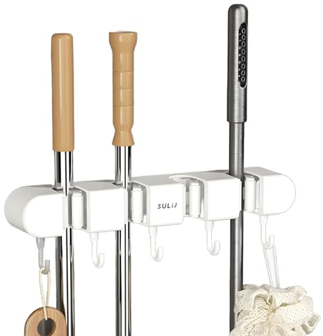 JYJLLM Wall-Mounted Broom & Mop Holder for Efficient Utility Room Storage Solutions,Kitchen，Garage， Bathroom ，Office，mop holder wall mounted， Garden Tool Rack Included!（4 Broom Rack 5 Hooks） (white)